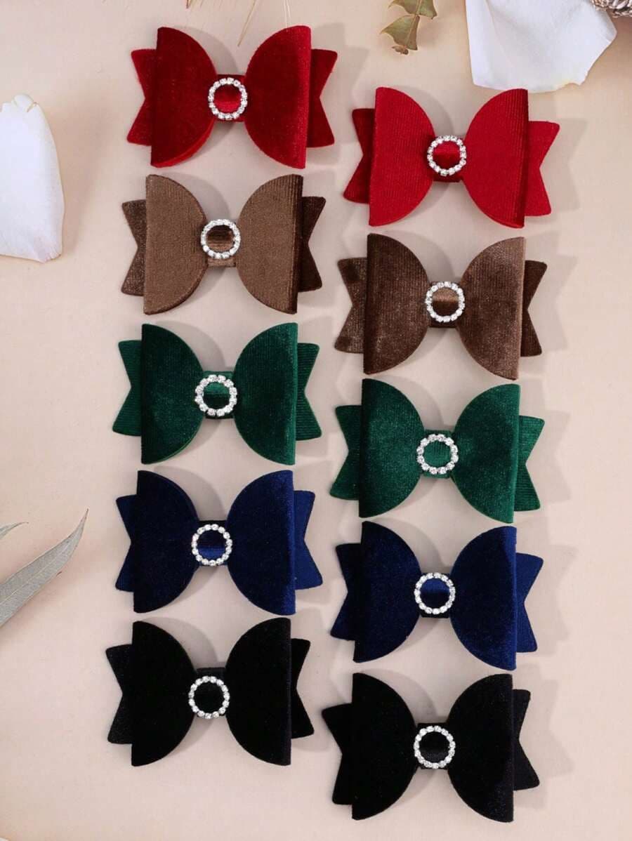 Set de 2/10 Ganchos para el Cabello con Lazos de Terciopelo para Niñas – Con Decoración de Diamantes Redondos – Colores Verde Oscuro, Negro y Vino Tinto