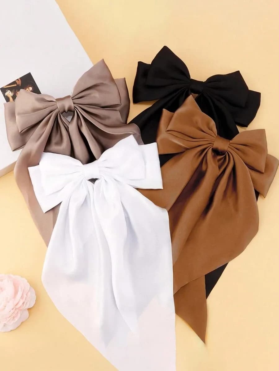 Set de 1/4 Ganchos para el Cabello con Lazos para Mujer – Lazos Negros, Blancos y Rosados en Satén con Cola Larga