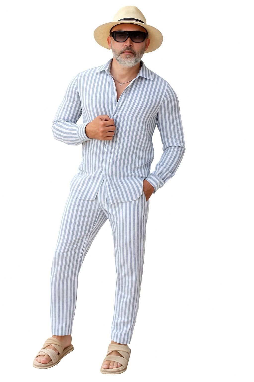 Conjunto de Lino Italiano para Caballero – Rayas Celeste & Blanco