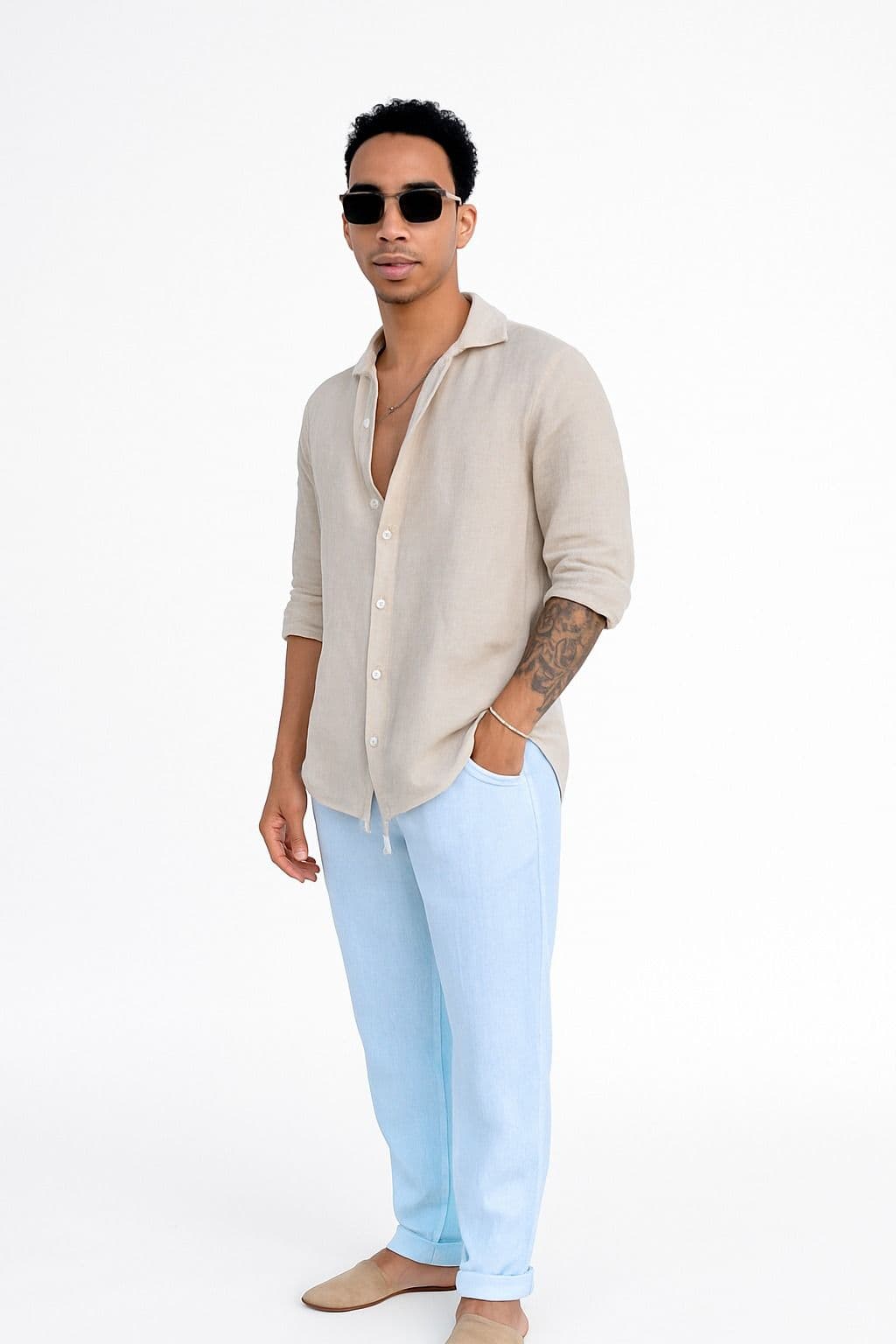 Conjunto de Lino Italiano para Caballero – Camisa Arena & Pantalón Celeste Claro