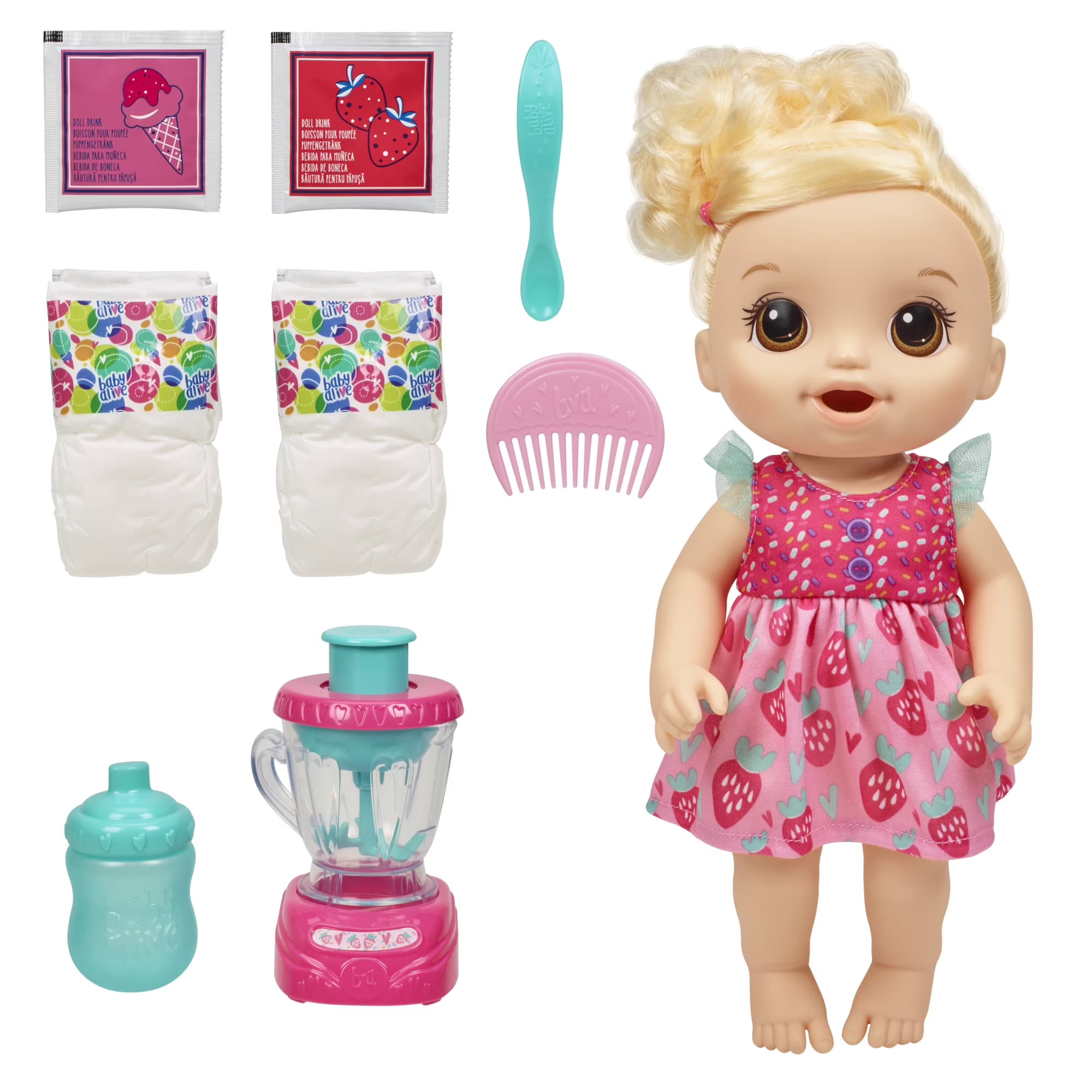 Muñeca Baby Alive Magical Mixer Baby Batido de Fresa, Licuadora, Bebe, Se Moja, Come, Juguete con Pelo Rubio