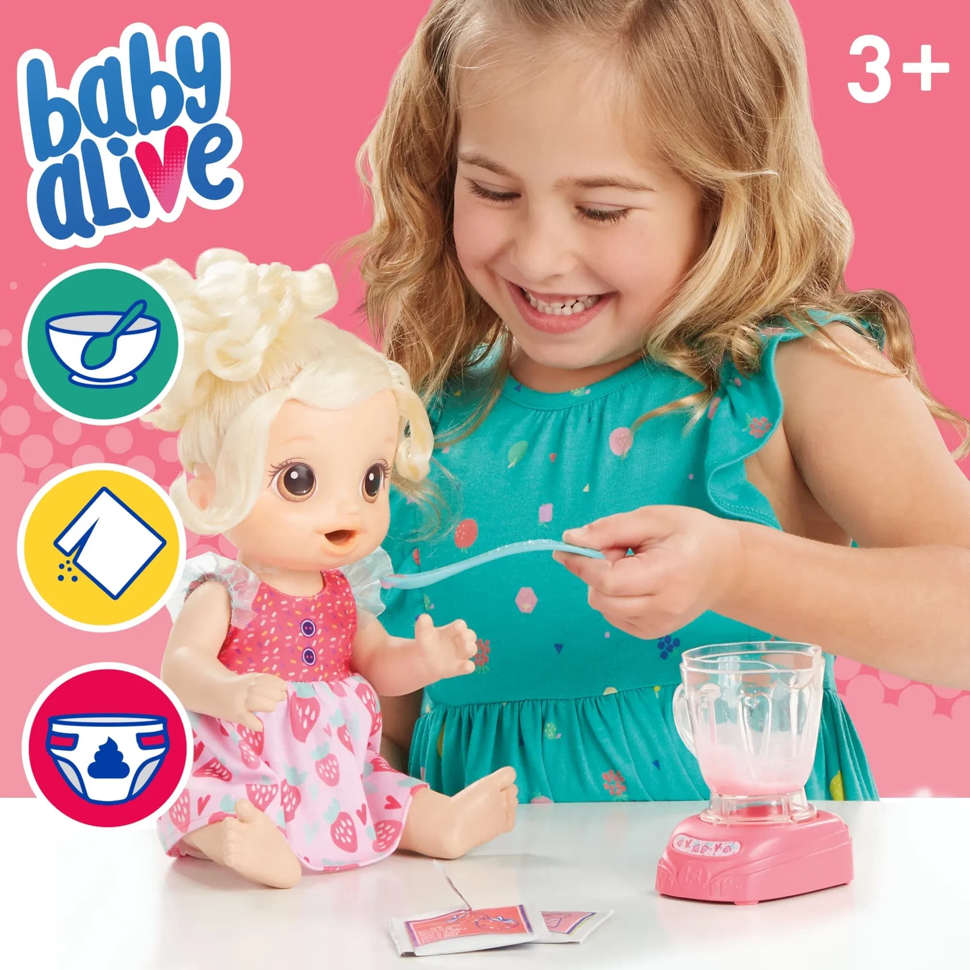 Muñeca Baby Alive Magical Mixer Baby Batido de Fresa, Licuadora, Bebe, Se Moja, Come, Juguete con Pelo Rubio - Miniatura 3