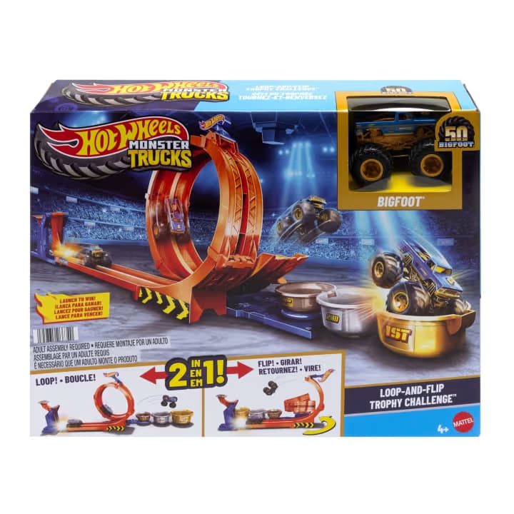 Pista de Juego Desafío del Trofeo de Bucle y Giro Hot Wheels Monster Trucks y Camión de Juguete Bigfoot de Fundición