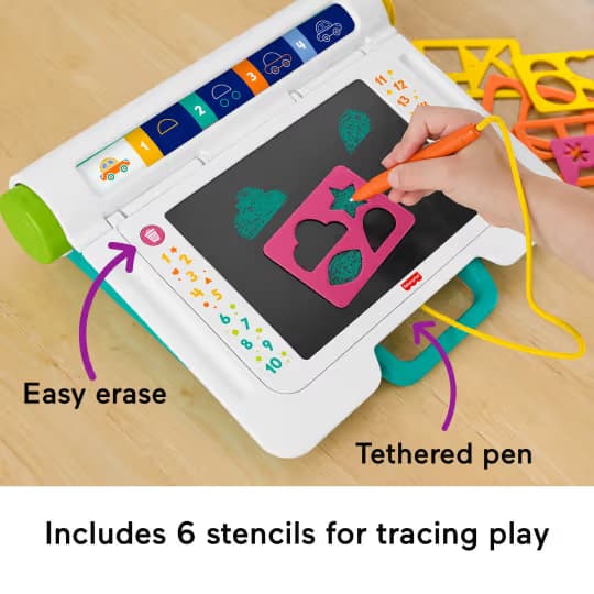 Escritorio de Aprendizaje y Garabatos Fisher-Price Learn & Doodle Desk, Tableta de Dibujo y Escritura sin Desorden con Pantalla LCD para Niños