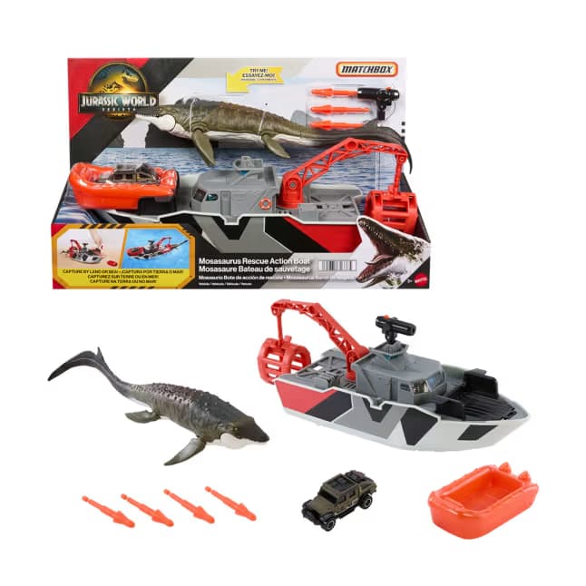 Pista de Juego Barco de Acción de Rescate Mosasaurus Matchbox Jurassic World con Barco, Dino, Coche de Juguete y Misiles