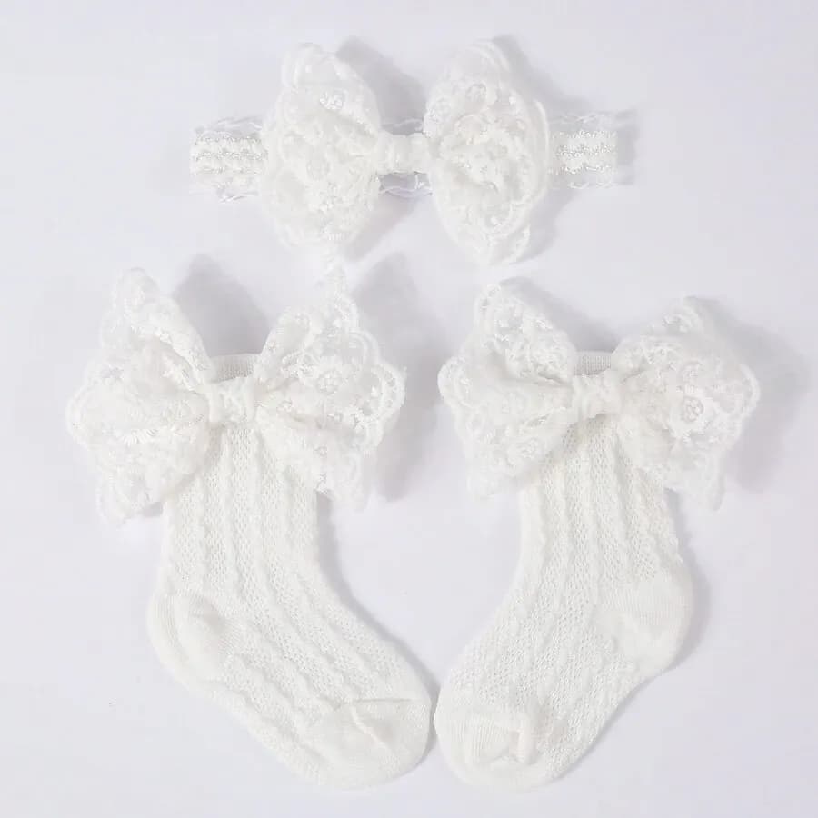 Set de Accesorios con Lazo de Princesa: 1 Diadema para Bebé + 1 Par de Medias de Malla Transpirables con Lazo 