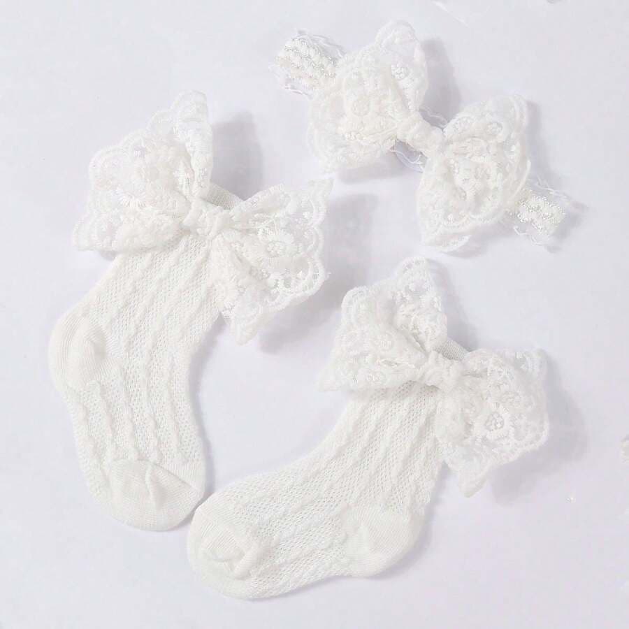 Set de Accesorios con Lazo de Princesa: 1 Diadema para Bebé + 1 Par de Medias de Malla Transpirables con Lazo 