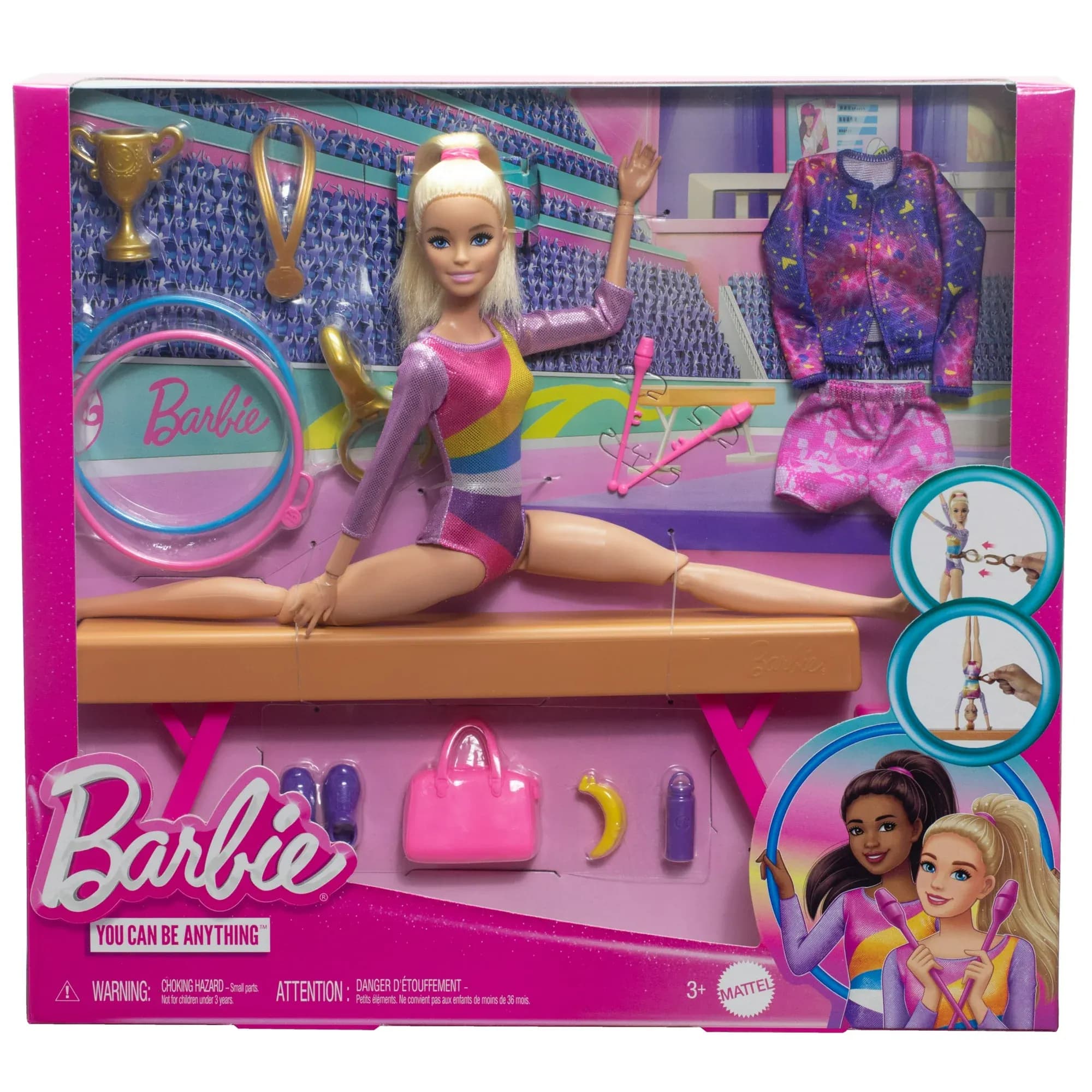 Set de Juego de Gimnasia Barbie con Muñeca Rubia, Barra de Equilibrio y Accesorios, 3+ Años