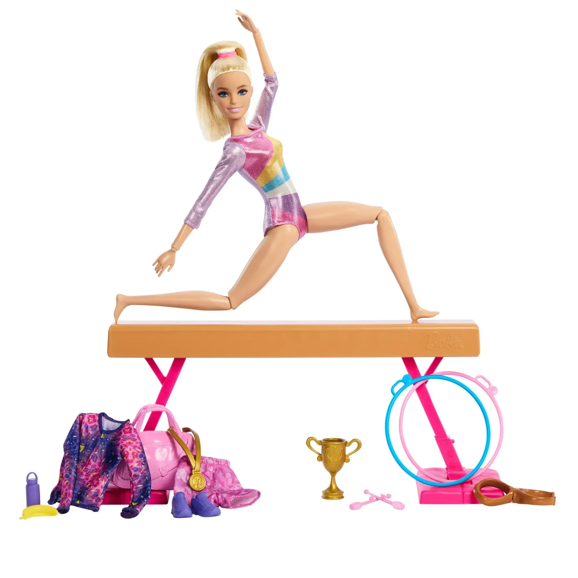 Set de Juego de Gimnasia Barbie con Muñeca Rubia, Barra de Equilibrio y Accesorios, 3+ Años