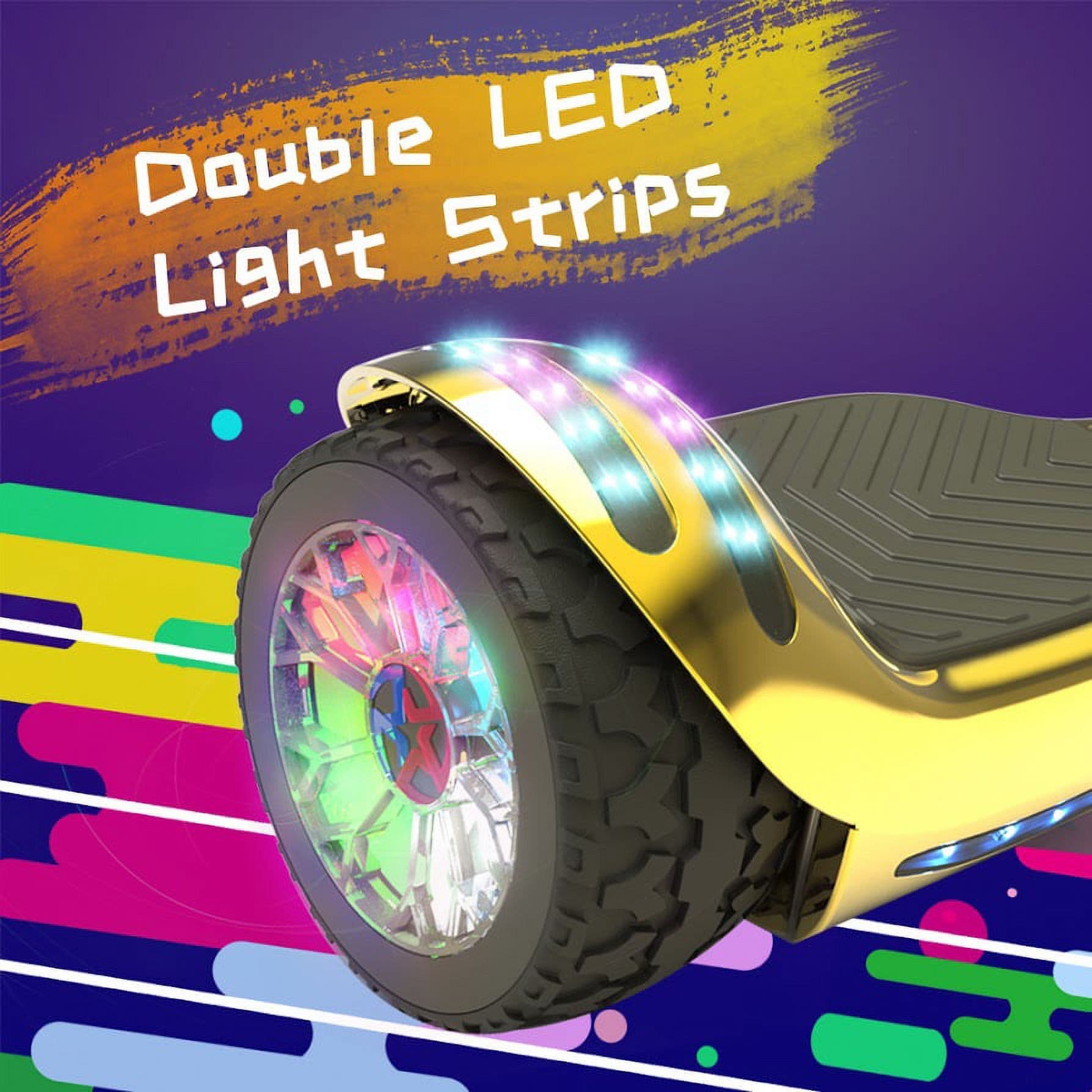 Patineta Eléctrica (Hoverboard) Todoterreno con Ruedas LED Anchas y Altavoz Bluetooth, Color Oro Cromado - Miniatura 3