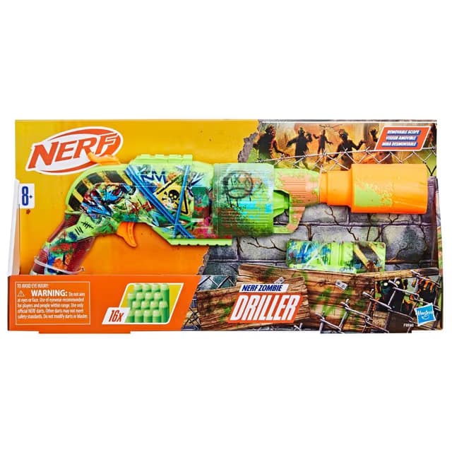 Lanzador de Dardos Nerf Zombie Driller, 16 Dardos Nerf Elite, Juegos al Aire Libre, Edades 8+