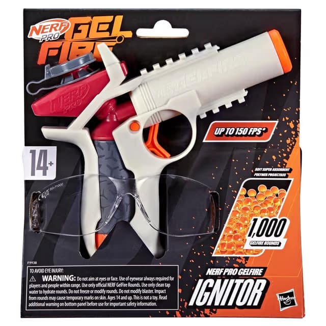 Lanzador Nerf Pro Gelfire Ignitor, 1,000 Municiones Gelfire, Capacidad para 60 Municiones, Cebado con Tirador en T, Gafas Protectoras