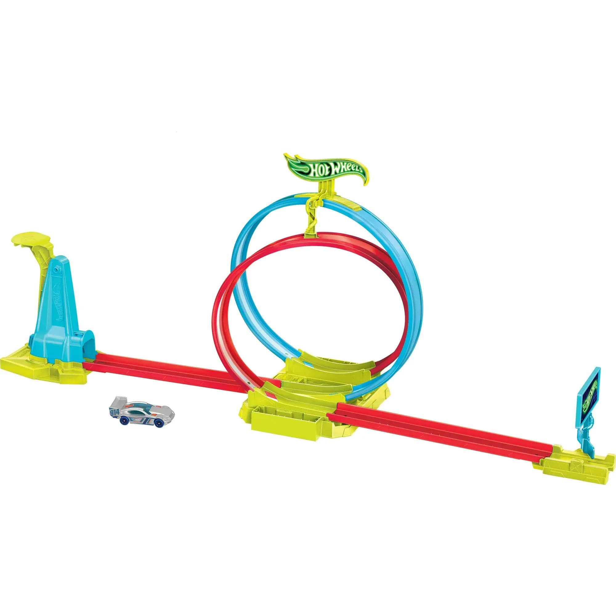 Pista Hot Wheels Neon Speeders Laser Stunt Slamway, con 1 Coche, Pista Tricolor y Fácil Almacenamiento