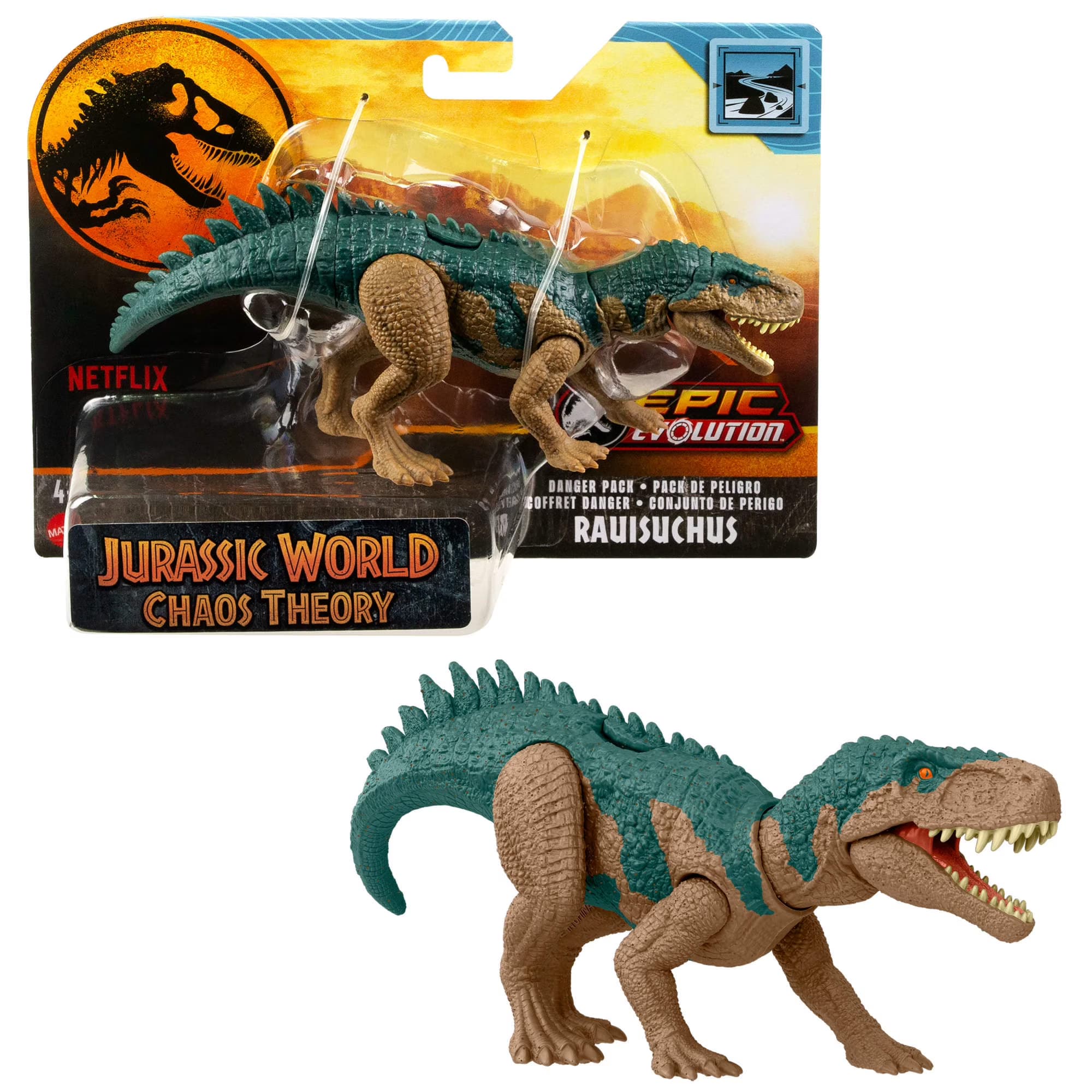 Juguete Figura de Acción Jurassic World Danger Pack Rauisuchus, Articulado con Juego Físico y Digital