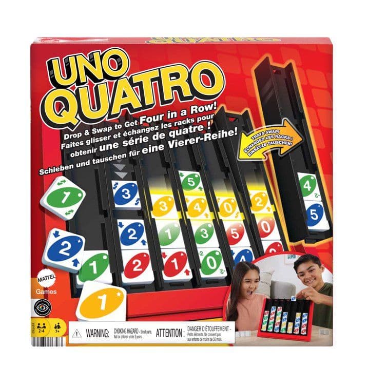 Juego UNO Quatro, Adultos, Fichas de Colores y Rejilla de Plástico, 2-4 Jugadores, 53 Piezas