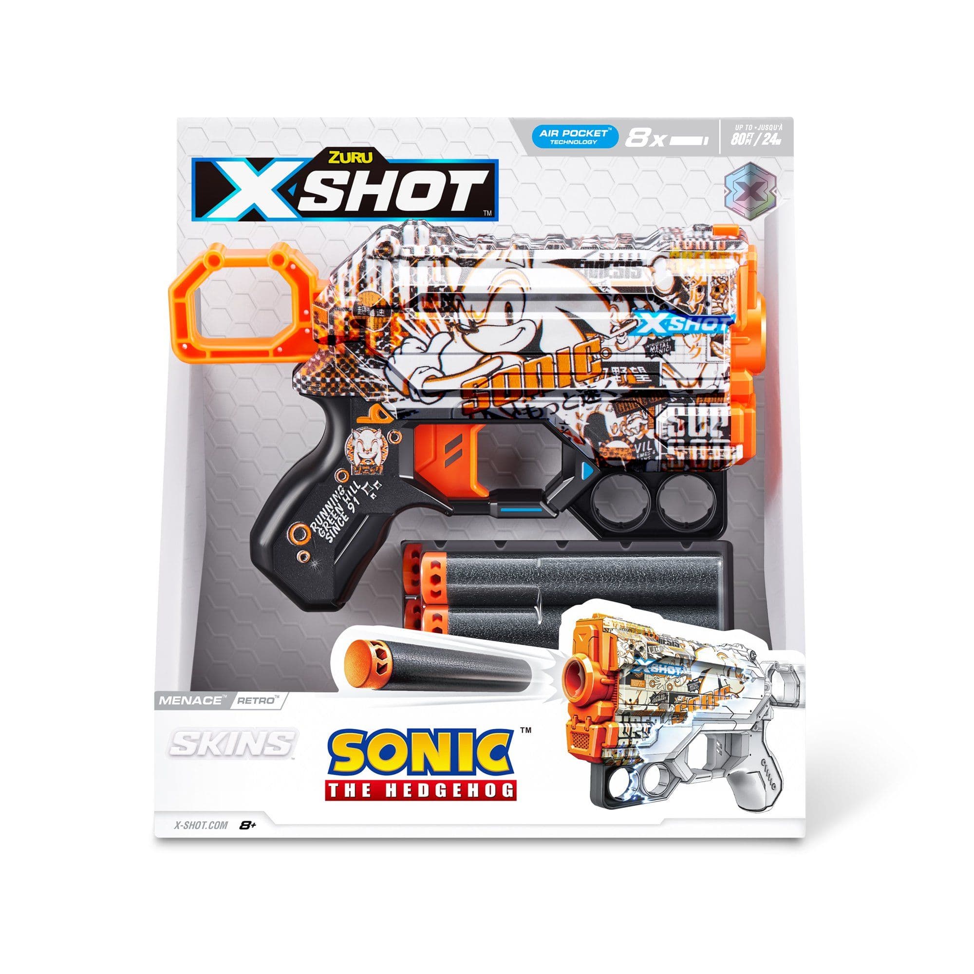 Pistola XSHOT Skins Menace - Skin Retro Sonic (8 Dardos) de ZURU, Juguete Exterior