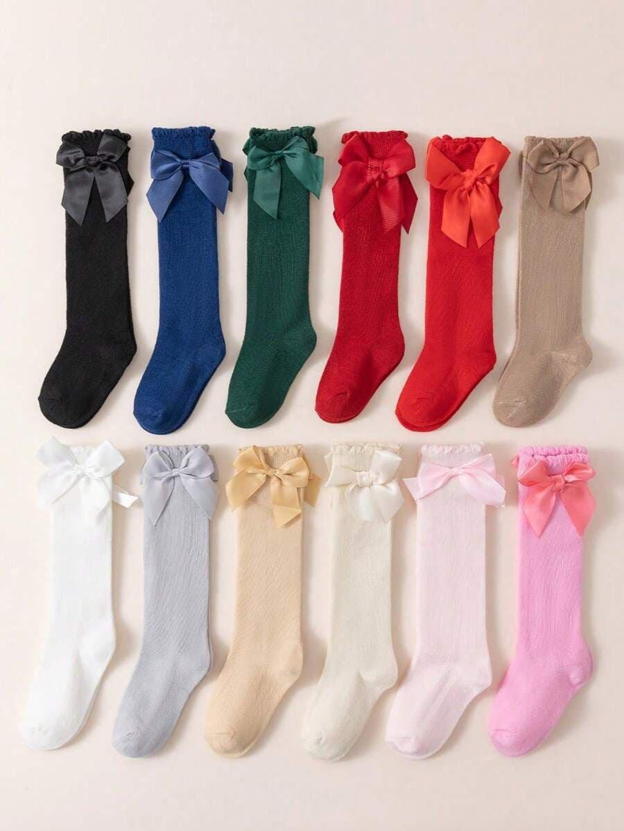 Set de 12 Pares de Medias Altas Rosadas con Lazo para Bebés y Niñas – Calcetines Largos para Primavera y Verano