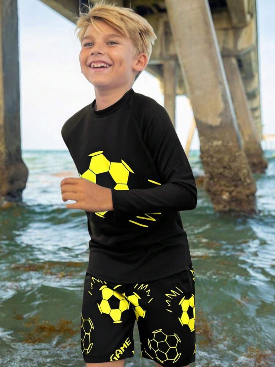 Set de 2 Piezas de Traje de Baño Ajustado con Gráfico Luminoso de Baloncesto para Niño – Ideal para Primavera, Verano y Vacaciones en la Playa