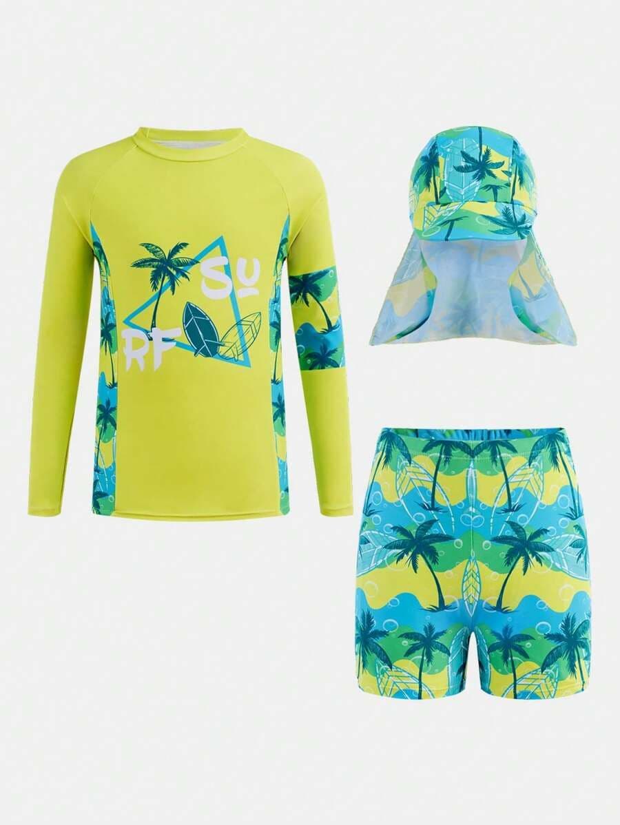 Set de 3 Piezas de Ropa de Baño para Niño Tween – Camiseta Estampada de Manga Corta + Pantalones de Baño + Camiseta Tipo Rash Guard