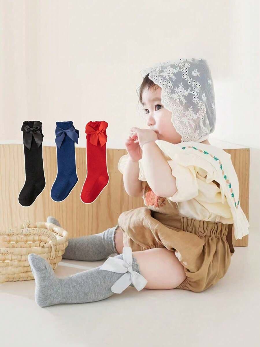 Set de 12 Pares de Medias Altas Rosadas con Lazo para Bebés y Niñas – Calcetines Largos para Primavera y Verano