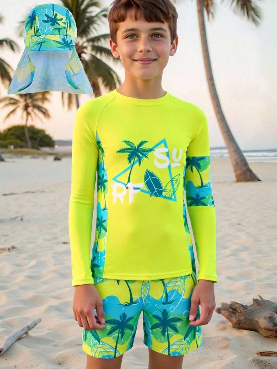 Set de 3 Piezas de Ropa de Baño para Niño Tween – Camiseta Estampada de Manga Corta + Pantalones de Baño + Camiseta Tipo Rash Guard