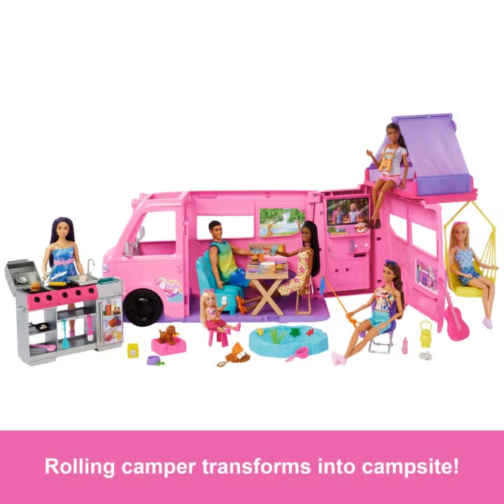Set de Juego Autocaravana de Ensueño Barbie con Tienda en el Techo, Parrilla de BBQ con Función de Cambio de Color y Más de 60 Accesorios
