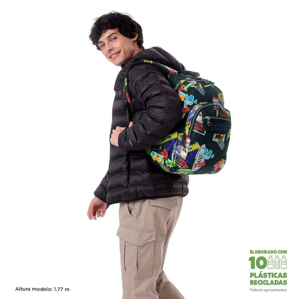 Morral Escolar Porta PC 14" Acuarela - Negro Estampado