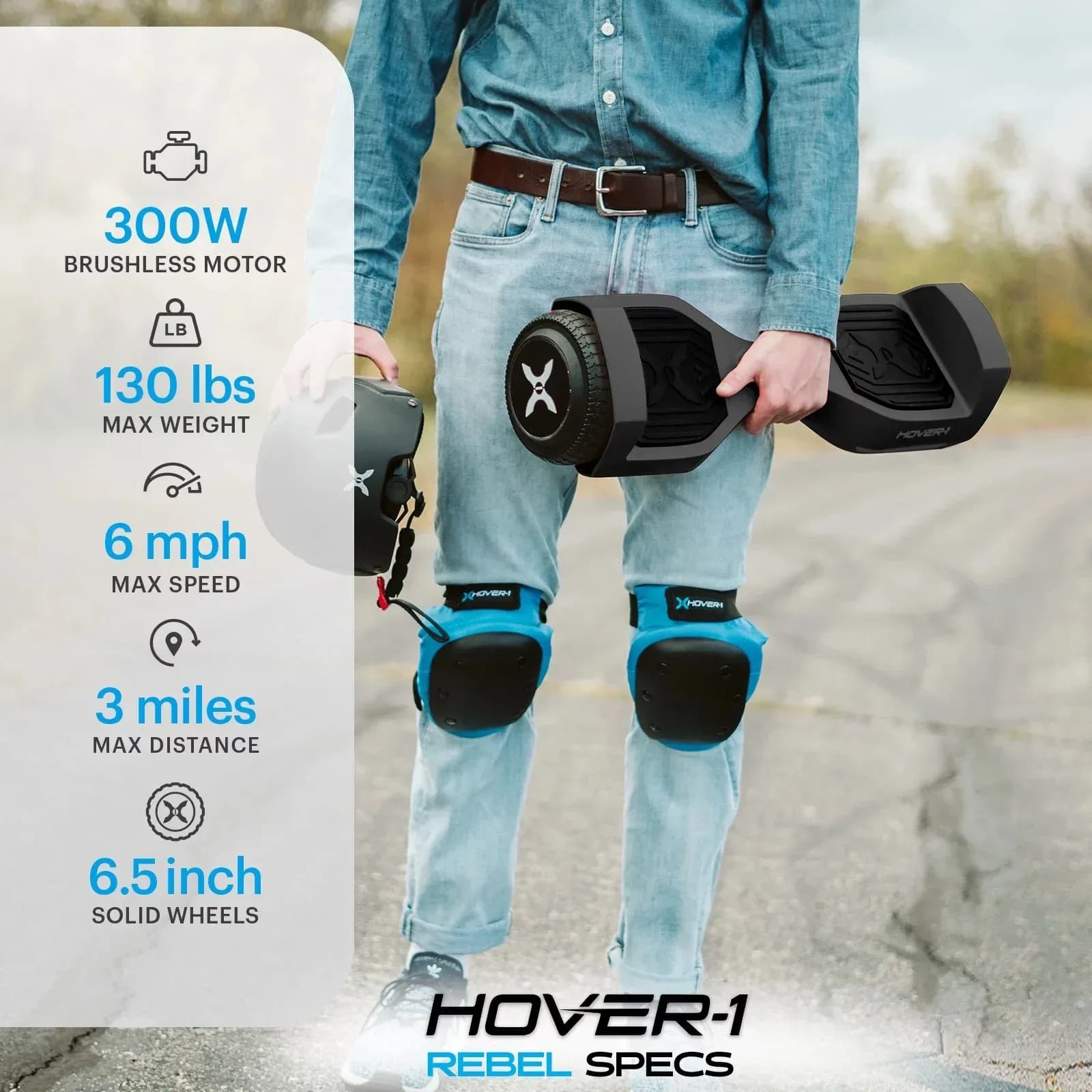 Patineta Eléctrica (Hoverboard) Hover-1 Rebel para Adolescentes, Faros LED, Velocidad Máx. 9.6 km/h, Negro