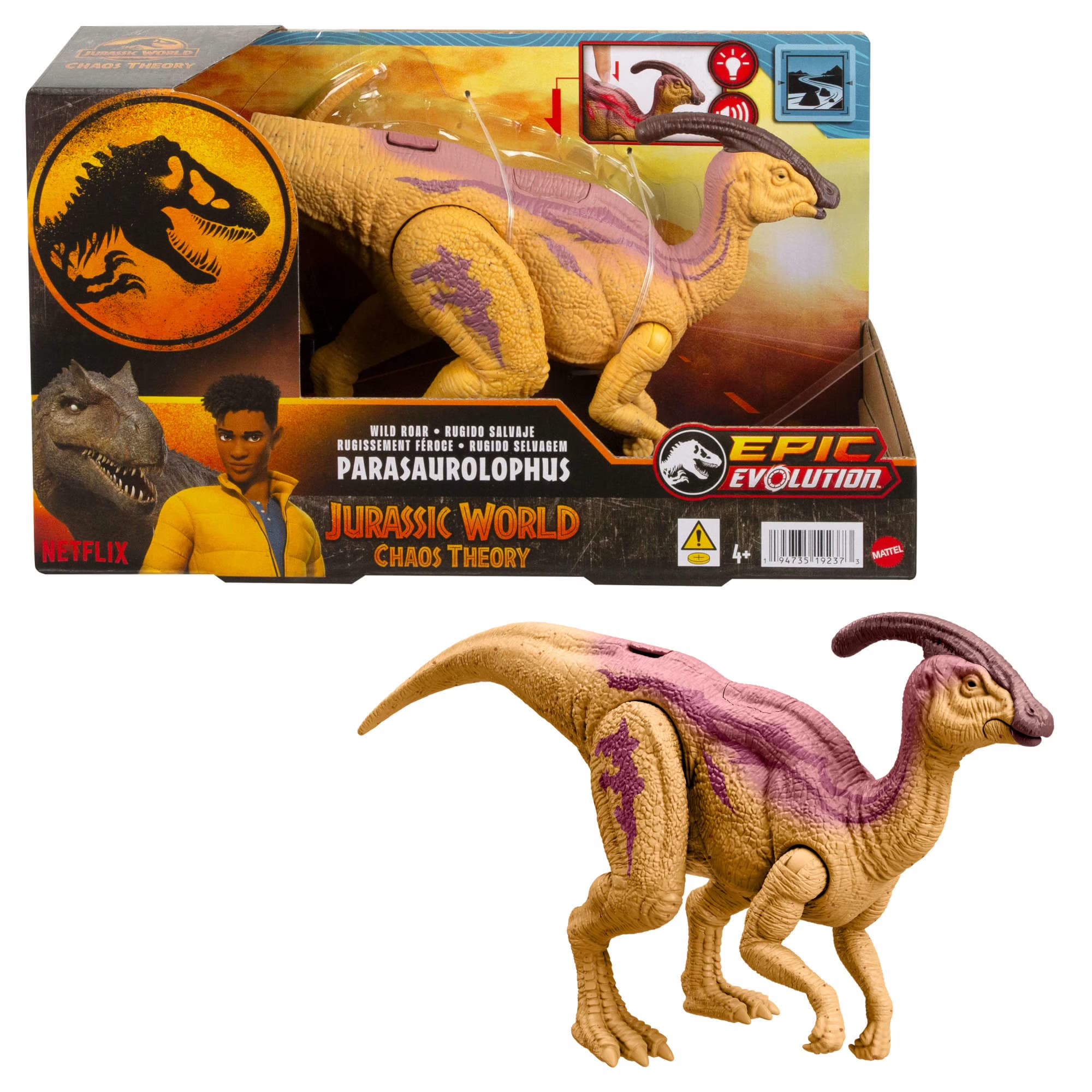 Figura de Acción Dinosaurio Jurassic World Wild Roar Parasaurolophus, Luces y Sonidos con Efecto Resplandor