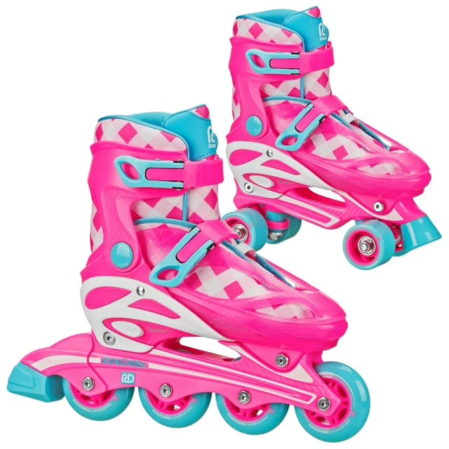 Patines 2 en 1 Roller Derby Sprinter para Niña, Patines en Línea y Quad, Diseño Gingham (Talla 3-6)