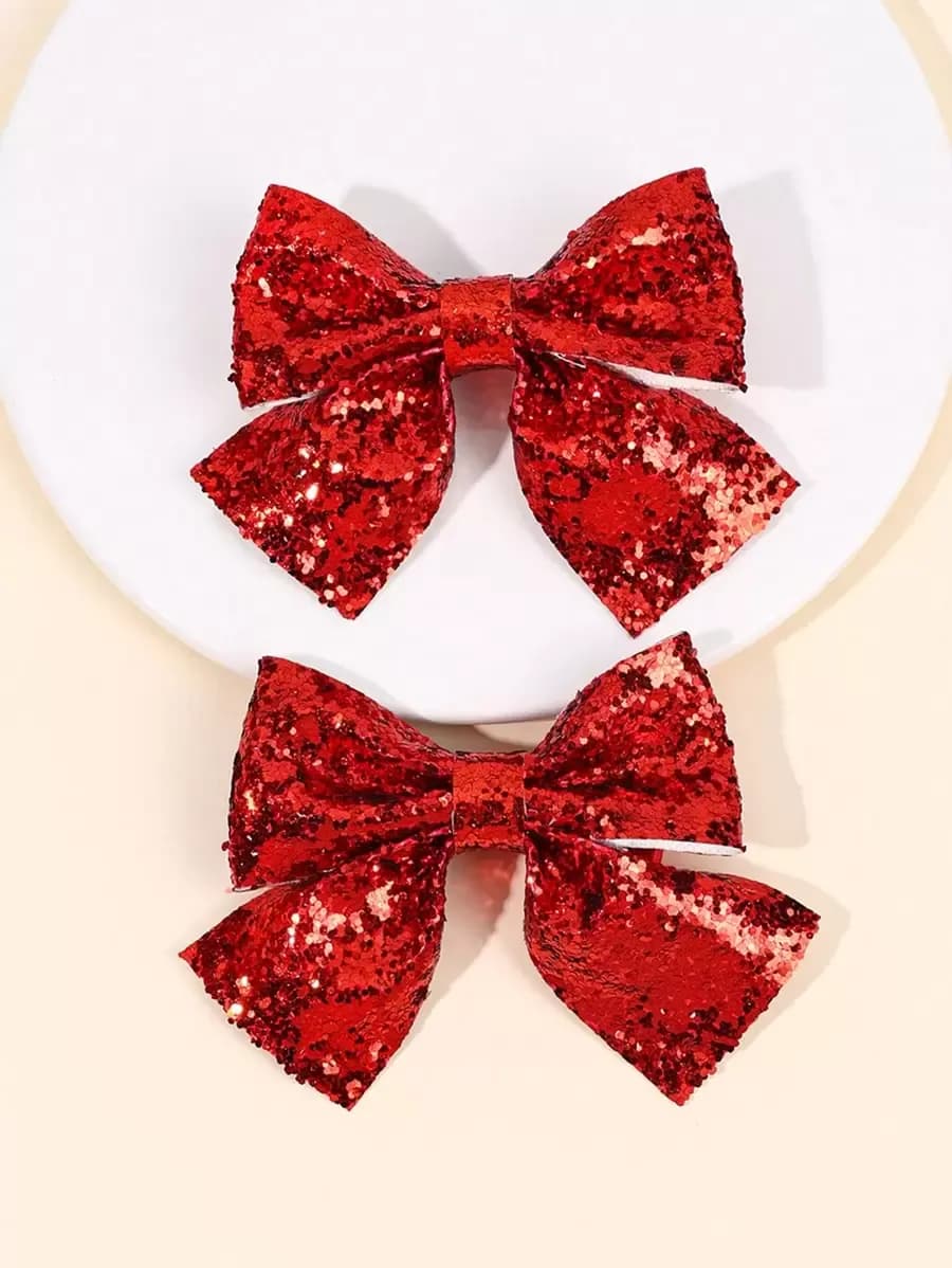 Set de 2 Ganchos para el Cabello con Lazos Brillantes para Niñas – Lazo Rojo con Lentejuelas