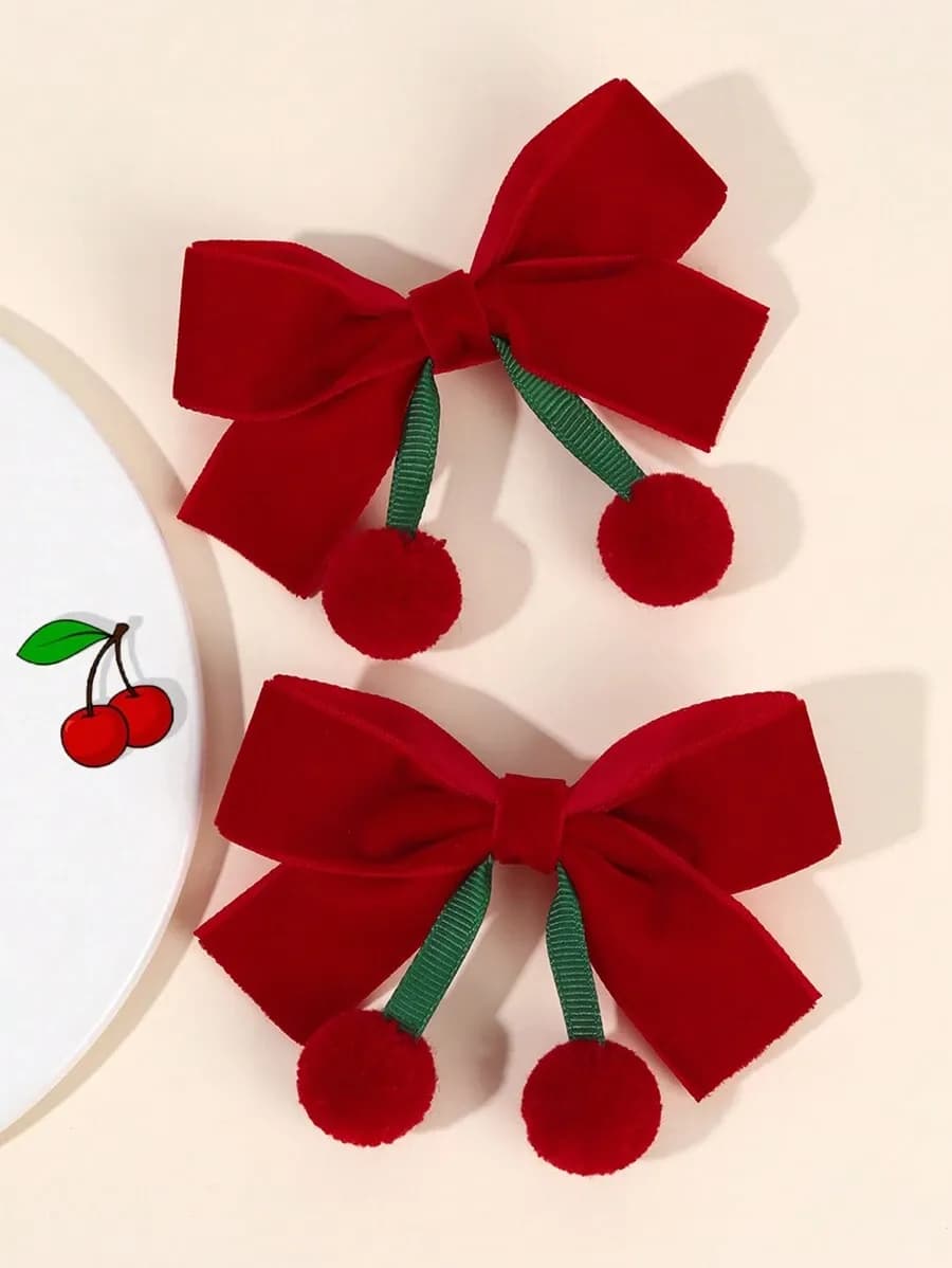 Ganchos para el Cabello con Lazo de Cereza y Borla para Niñas – Color Rojo